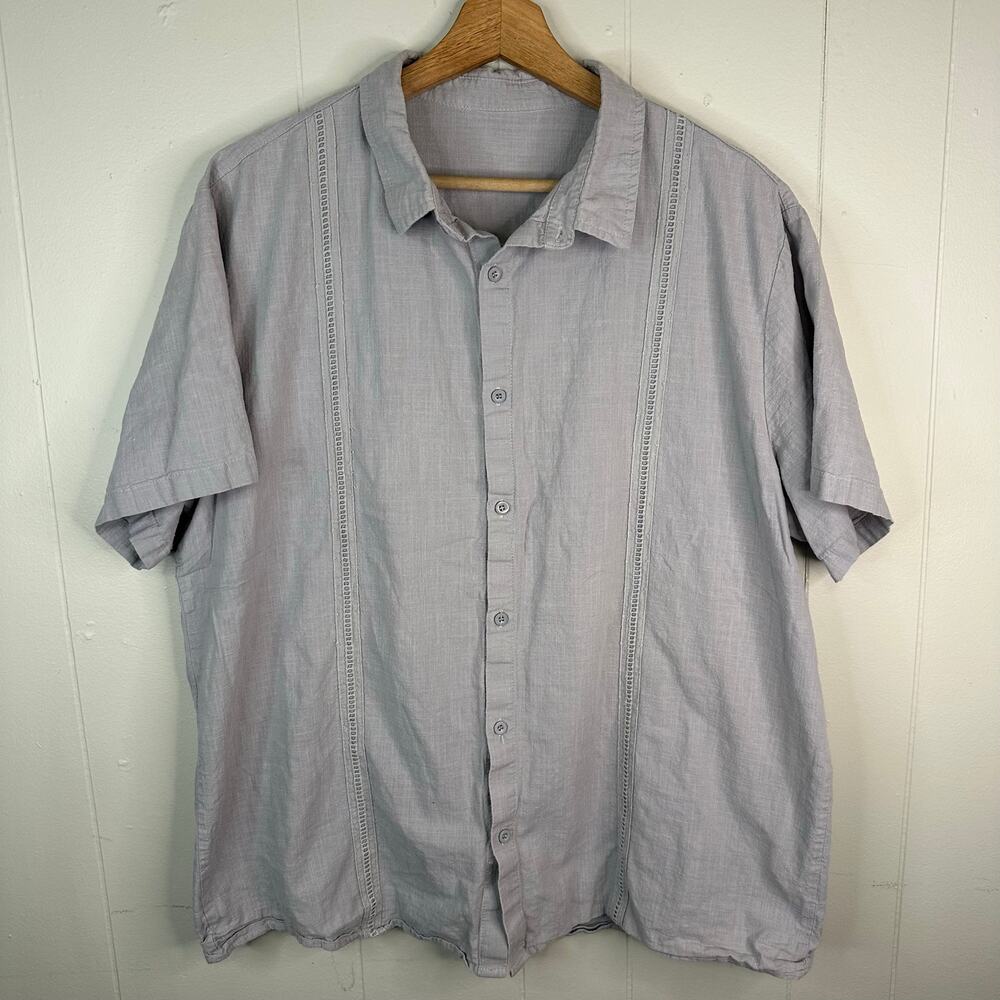 Mens XL Grey Linen Cotton Short Sleeve Button Up Shirt Ladder Stitch Trim - Picture 1 of 6